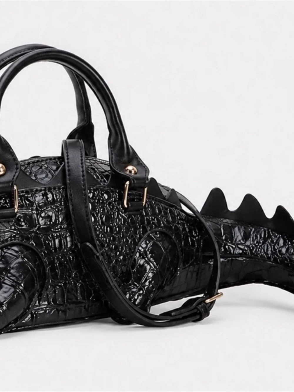 BLACK CROCODILE EMBOSSED ALLIGATOR NOVELTY SATCHEL HANDBAG